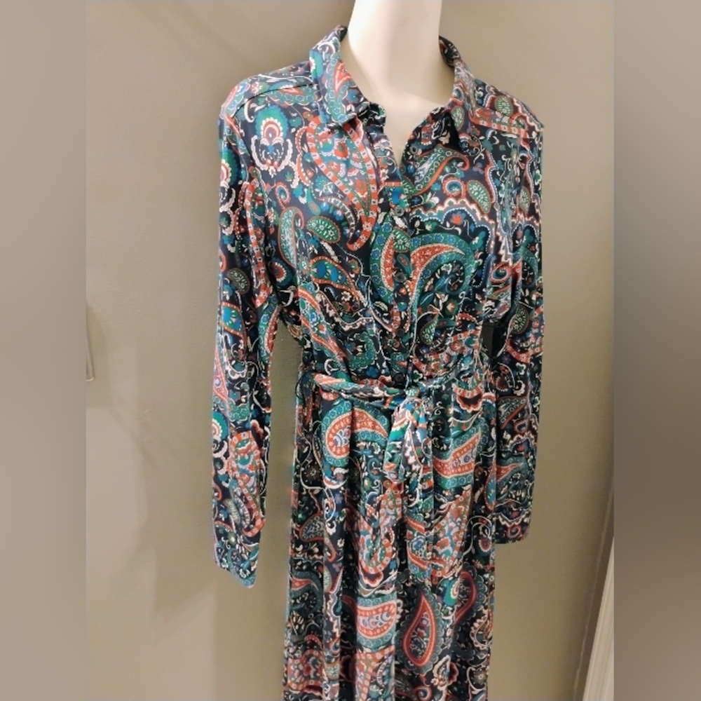 $185 NWT Woman's Boden Laura Jersey Paisley Shirt Dress Size 10L Waist Tie Midi - Picture 6 of 12